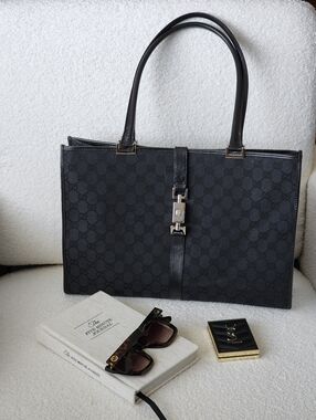 Vintage Gucci Monogram Jackie Bardot Large Black Tote Archival Tom Ford Y2K Era